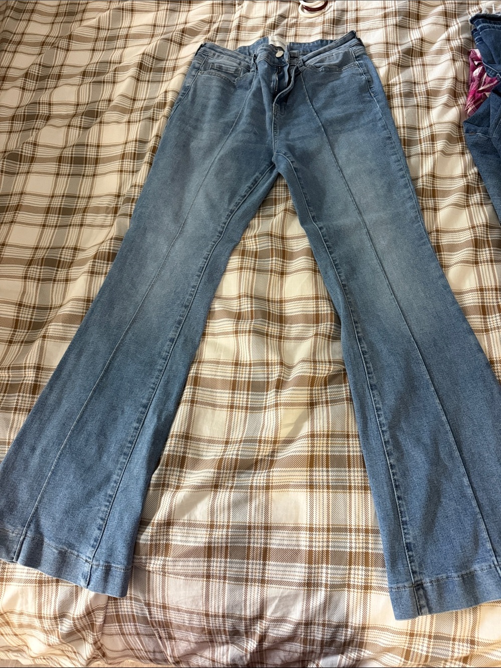 High-Rise Light Blue Flare Jeans with Front Crease